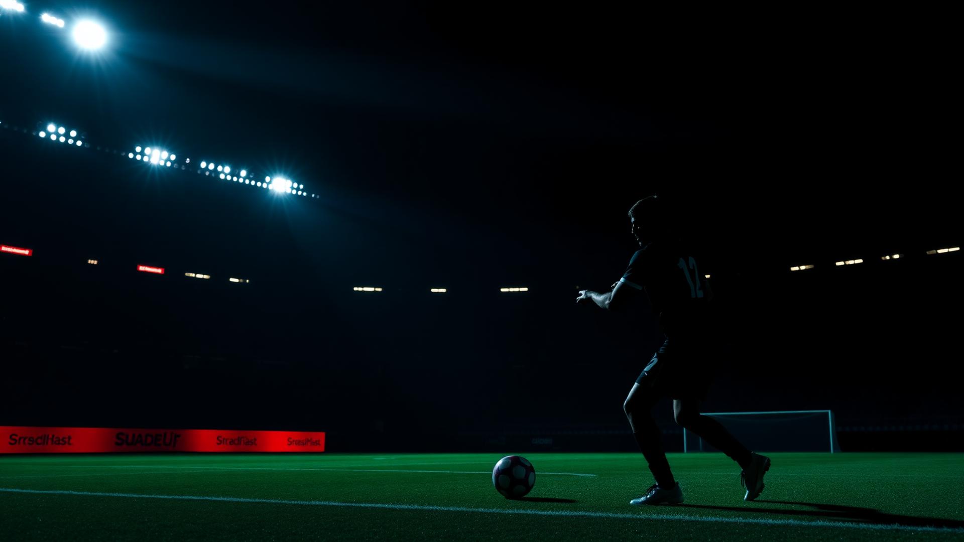 Floodlit football stadium at night